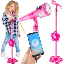 ​Microfon Iso Trade cu trepied si intrare mp3,  inaltime adjustabila 71-102 cm, roz